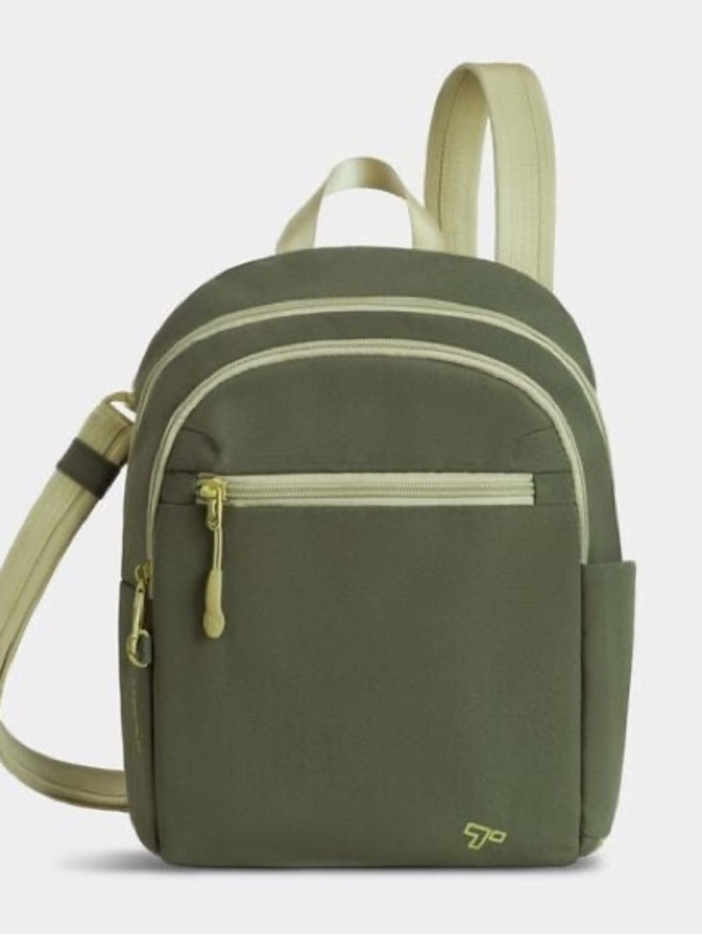 Travelon Anti-Theft The Voyages bag in olive green with beige straps and a slash